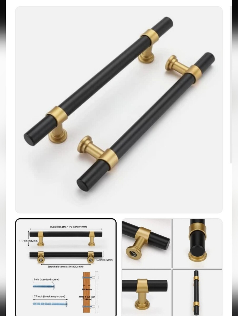 6 Pack 7.5 Inch(192mm) Matte Black and Gold Kitchen Cabinet Handles, Pull